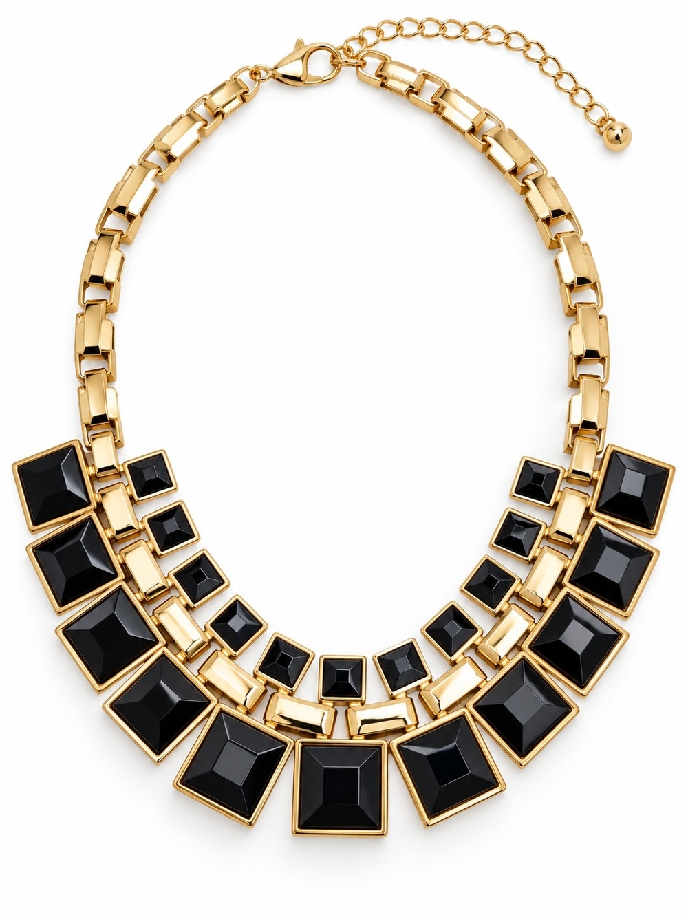 Black Geometric Statement Necklace | Vintage Gold Tone Bib Necklace